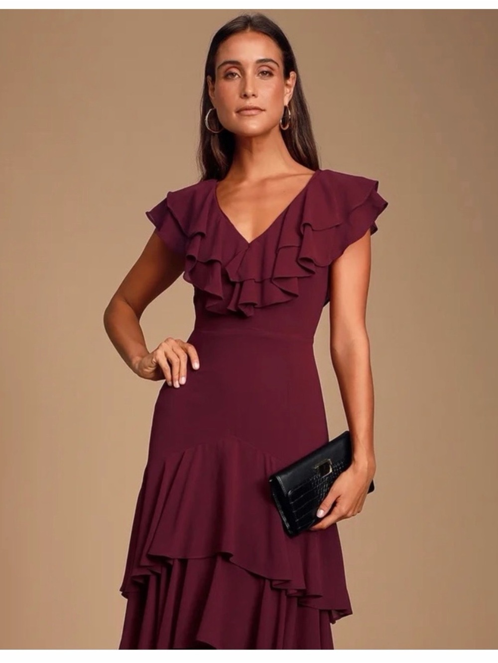 NWT Lulus burgundy vneck ruffle midi dress